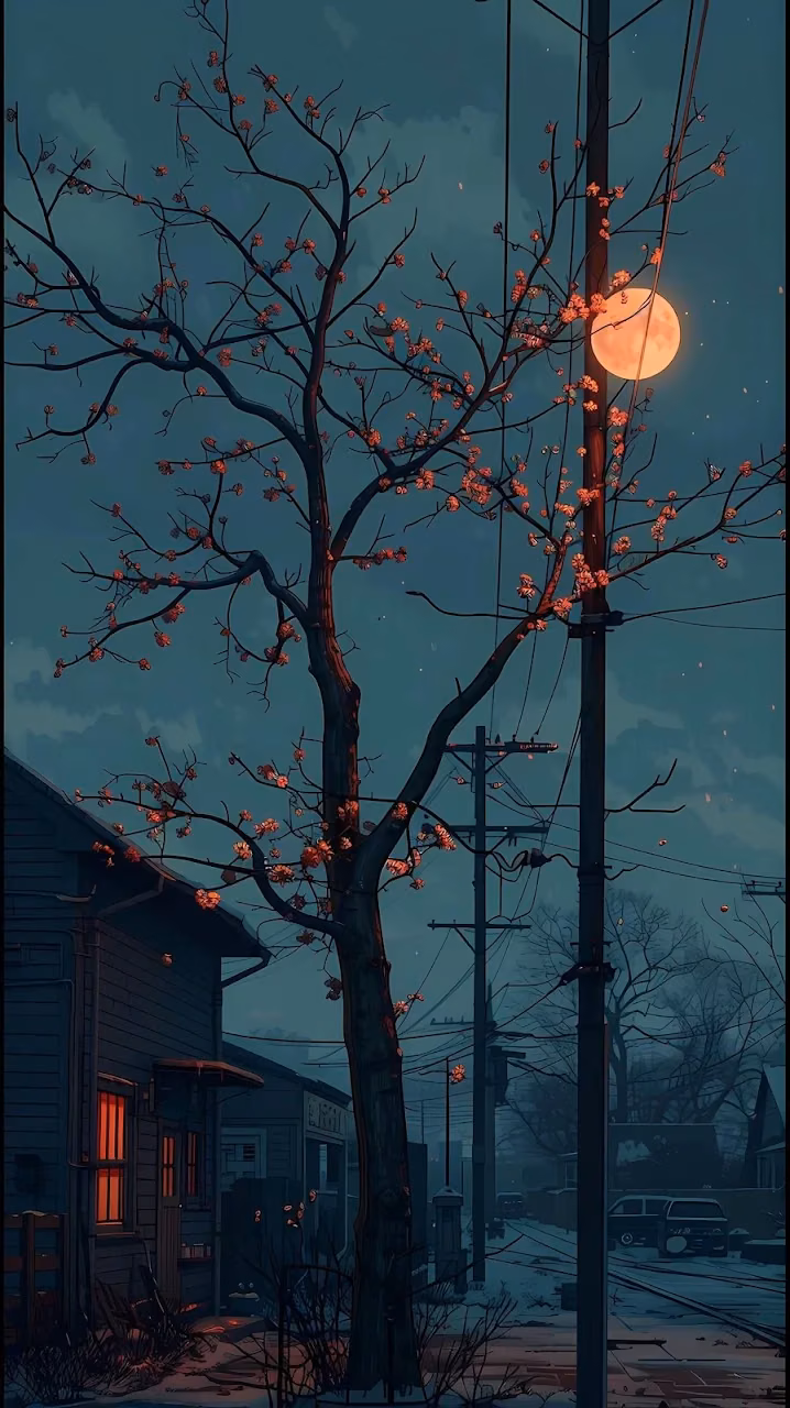 Lofi Aesthetic Winter Night Street Scene Full Moon - Free 4K Desktop Wallpaper Background