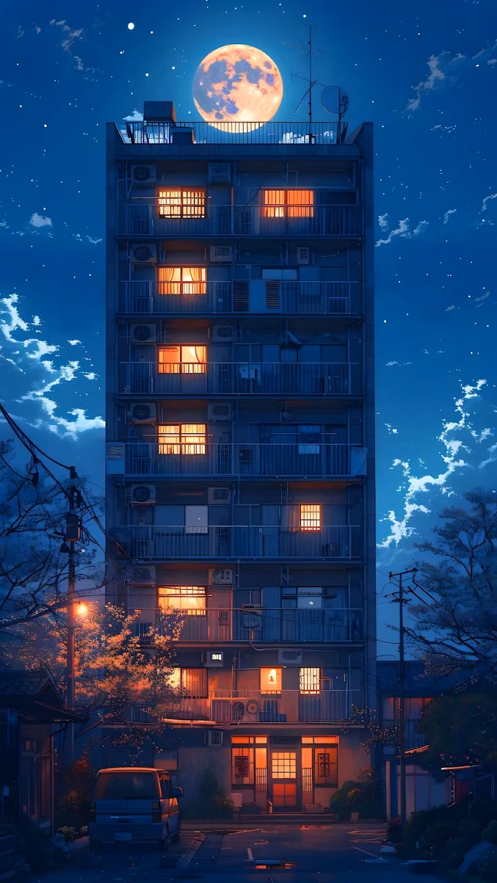 Download Lofi Apartment Building Under Giant Orange Moon Wallpaper in Mobile HD Lofi Apartment Building Under Giant Orange Moon - Free Mobile AMOLED Wallpaper Background