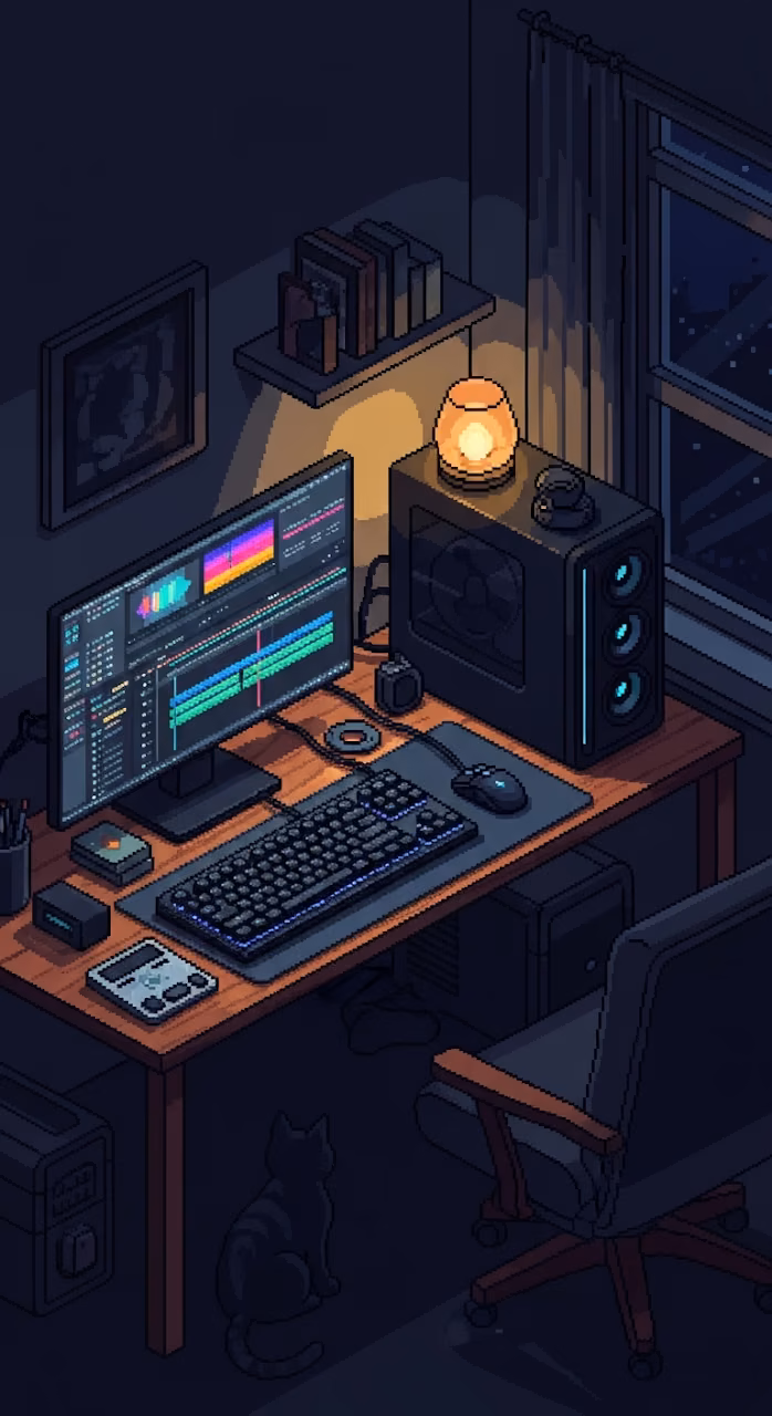 Download Lofi Cozy Night Pixel Art Workspace with Computer Setup and Black Cat Wallpaper in Mobile HD Lofi Cozy Night Pixel Art Workspace with Computer Setup and Black Cat - Free Mobile AMOLED Wallpaper Background