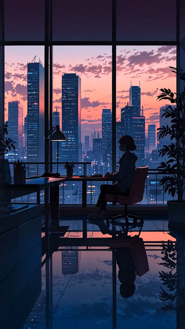 Lofi Girl Watching Pink Sunset Over City Skyline from Office - Free Mobile AMOLED Wallpaper Background