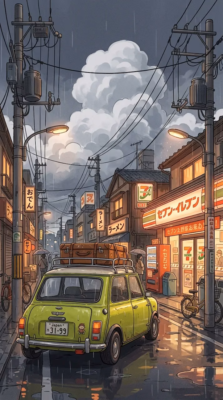 Download Lofi Illustration of a Green Mini Cooper in a Japanese Street Wallpaper in Mobile HD Lofi Illustration of a Green Mini Cooper in a Japanese Street - Free Mobile AMOLED Wallpaper Background