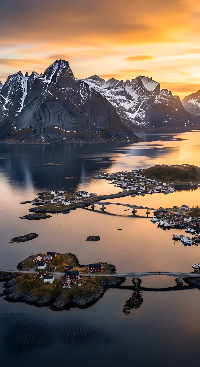 Lofoten Village Under Golden Sunset and Snow-Capped Peaks - Free Mobile AMOLED Wallpaper Background