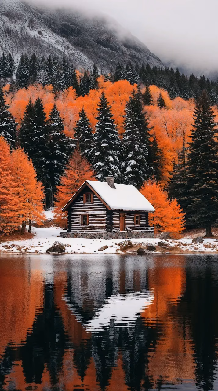 Log Cabin by Lake with Autumn and Snow - Free Mobile AMOLED Wallpaper Background