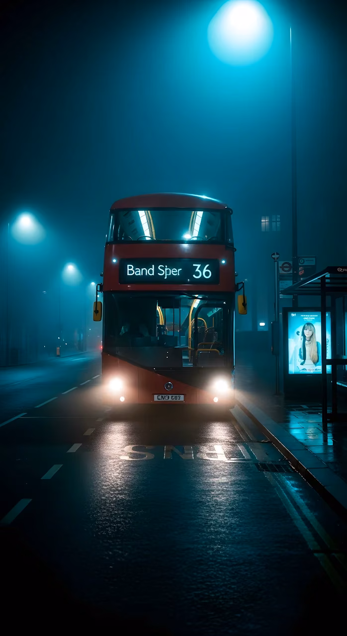 Download London Double Decker Bus Night Fog Teal Light Wallpaper in Mobile HD London Double Decker Bus Night Fog Teal Light - Free Mobile AMOLED Wallpaper Background