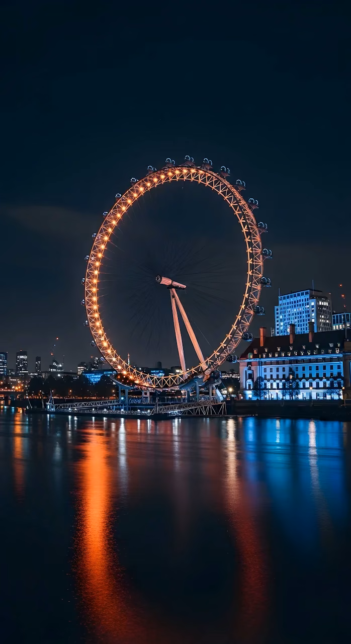 London Eye Illuminated at Night Reflecting on Thames River - Free Mobile AMOLED Wallpaper Background