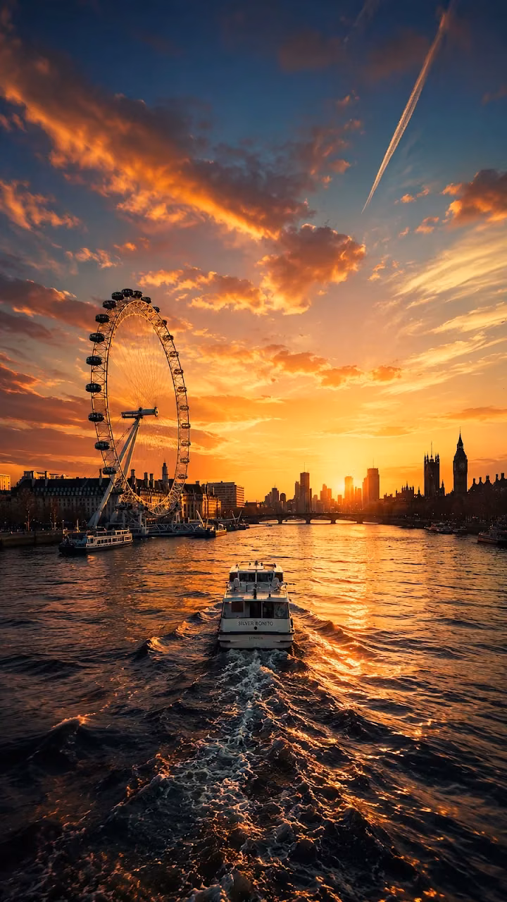 Download London Eye Golden Sunset River Thames 4K Mobile Wallpaper Wallpaper in Mobile HD A boat travels along the River Thames at sunset with the London Eye on the left and Big Ben silhouetted under an orange sky.