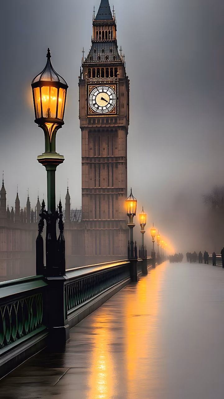 London's Big Ben in Foggy Dusk with Glowing Street Lamps - Free Mobile AMOLED Wallpaper Background