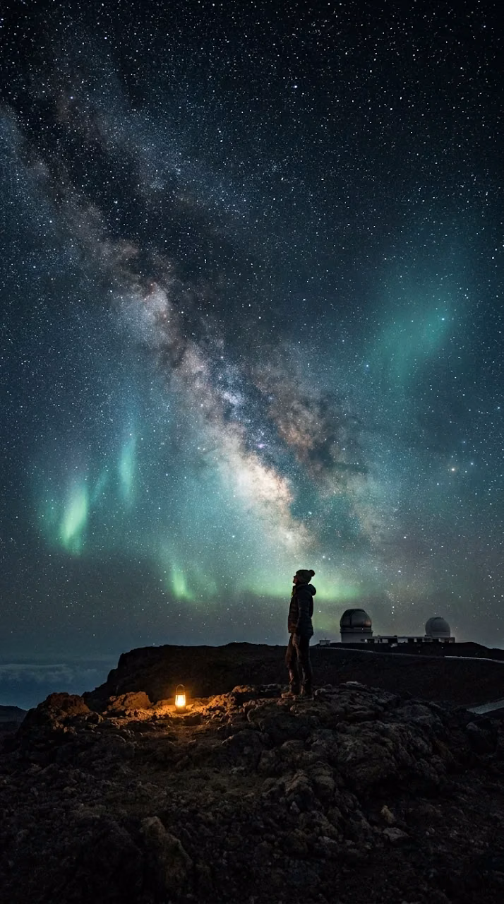 Lone Astronomer on Volcanic Plateau with Aurora Wallpaper - Free Mobile AMOLED Wallpaper Background