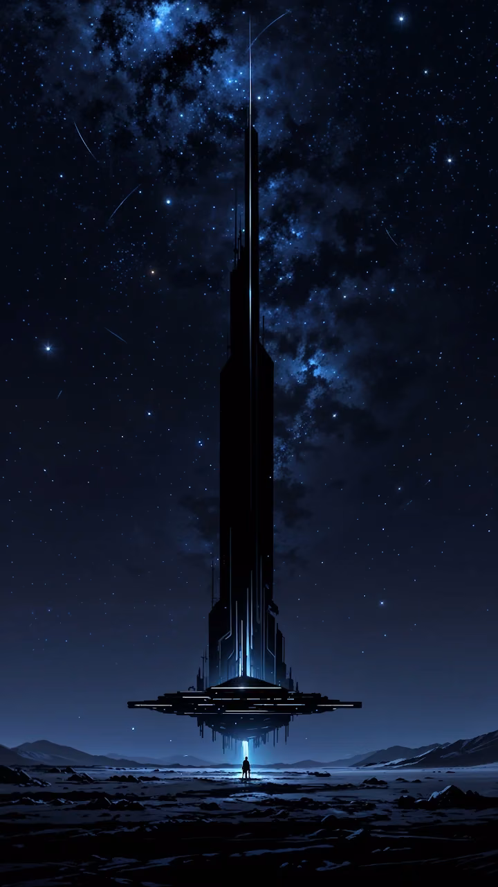 Lone Figure Before Floating Sci-Fi Tower at Night - Free Mobile AMOLED Wallpaper Background