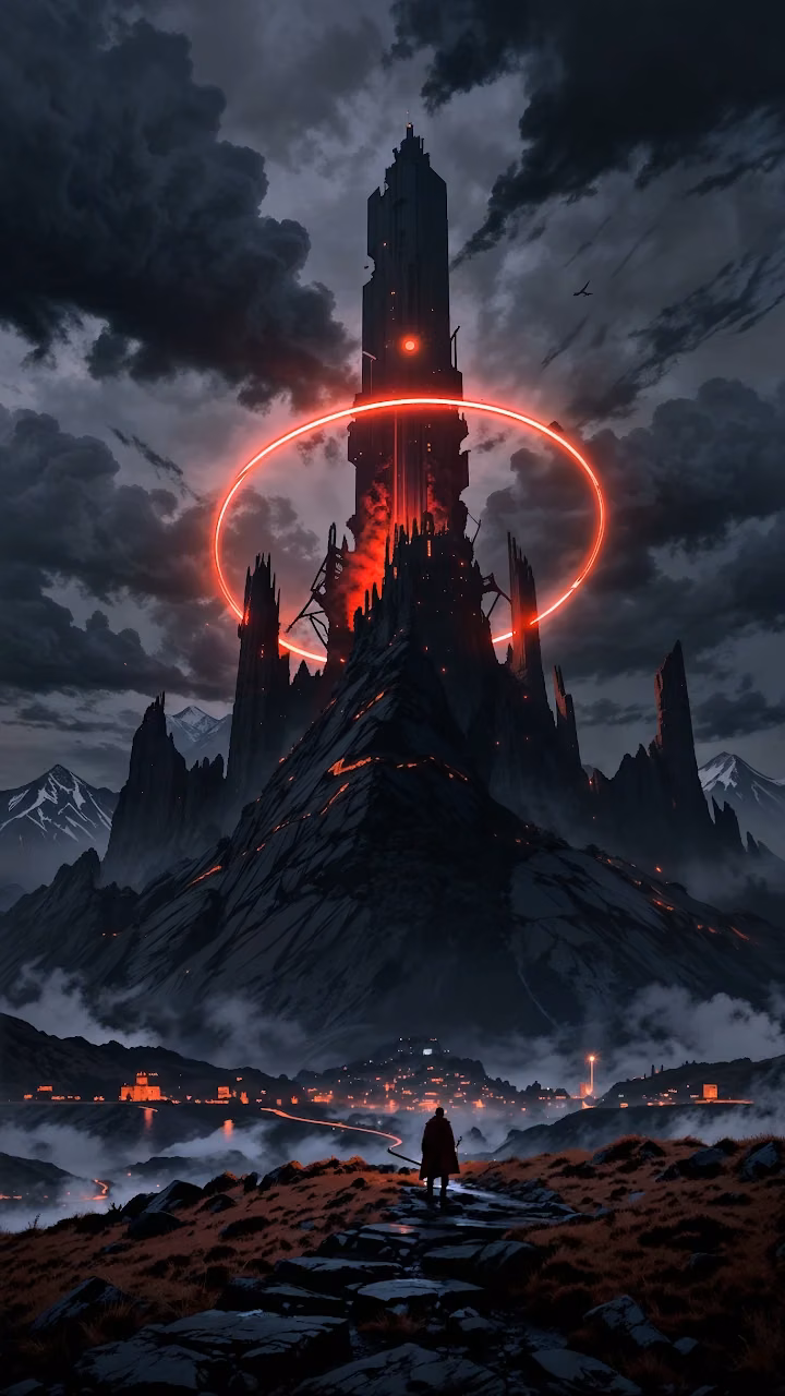 Lone Figure Before Tower with Glowing Red Ring - Free Mobile AMOLED Wallpaper Background