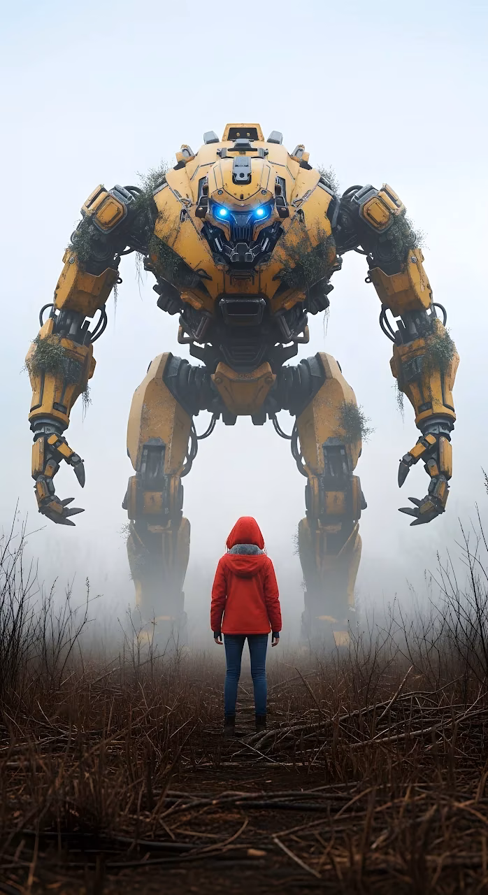 Lone Figure Facing Giant Overgrown Yellow Sci-Fi Mech - Free Mobile AMOLED Wallpaper Background