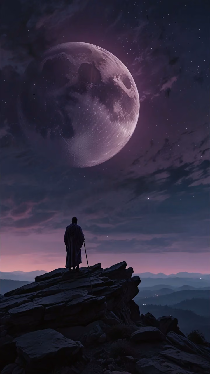 Lone Figure Gazing at Giant Purple Moon - Free Mobile AMOLED Wallpaper Background