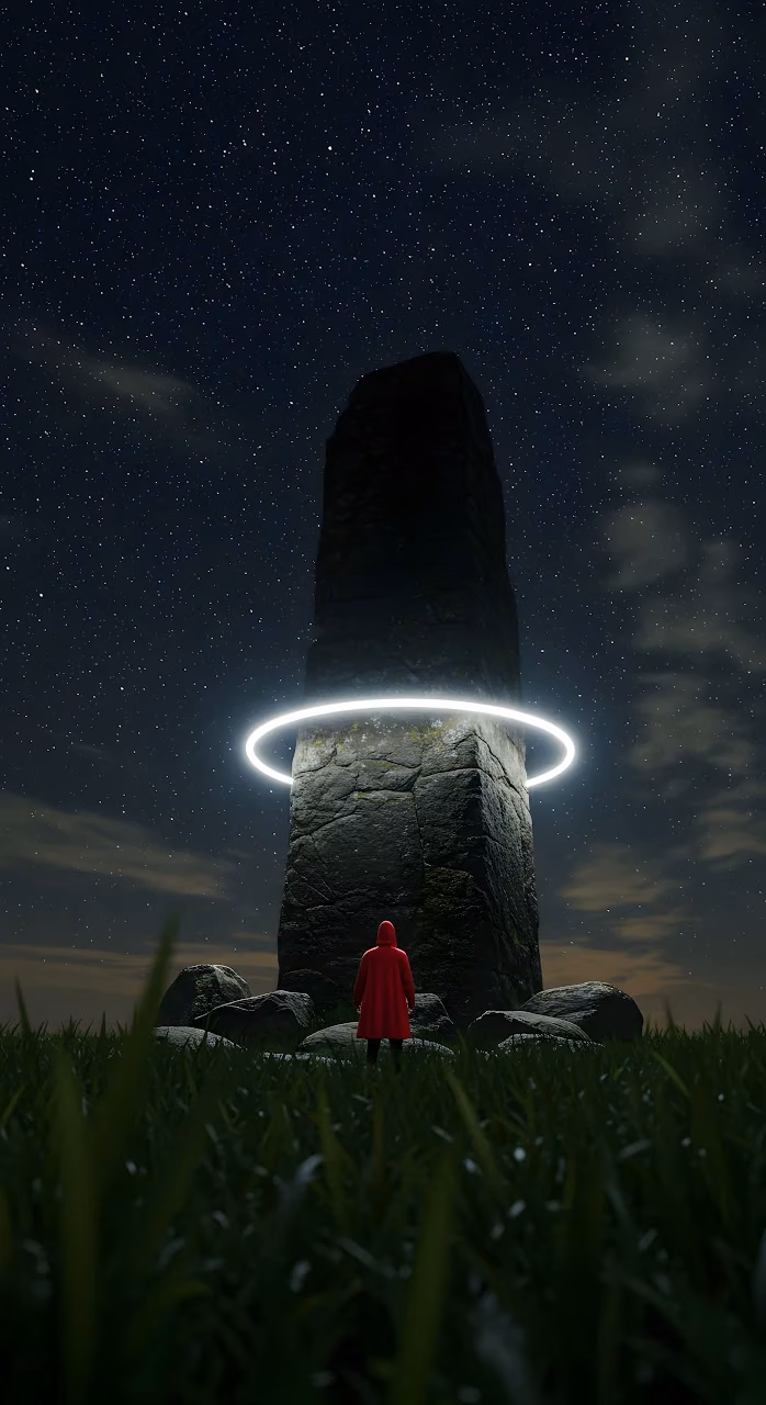 Lone Figure and Glowing Ring on Monumental Stone Column - Free Mobile AMOLED Wallpaper Background