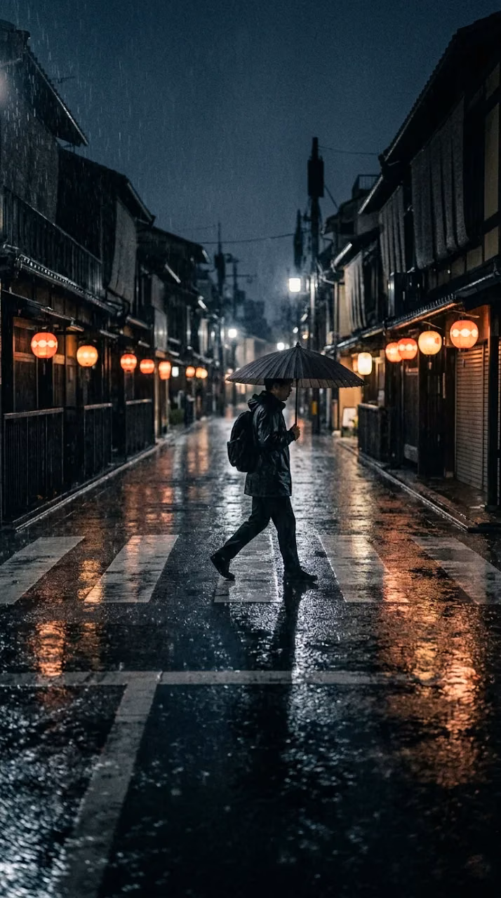Download Lone Figure in Kyoto Intersection Rain Wallpaper Wallpaper in Mobile HD Lone Figure in Kyoto Intersection Rain Wallpaper - Free Mobile AMOLED Wallpaper Background