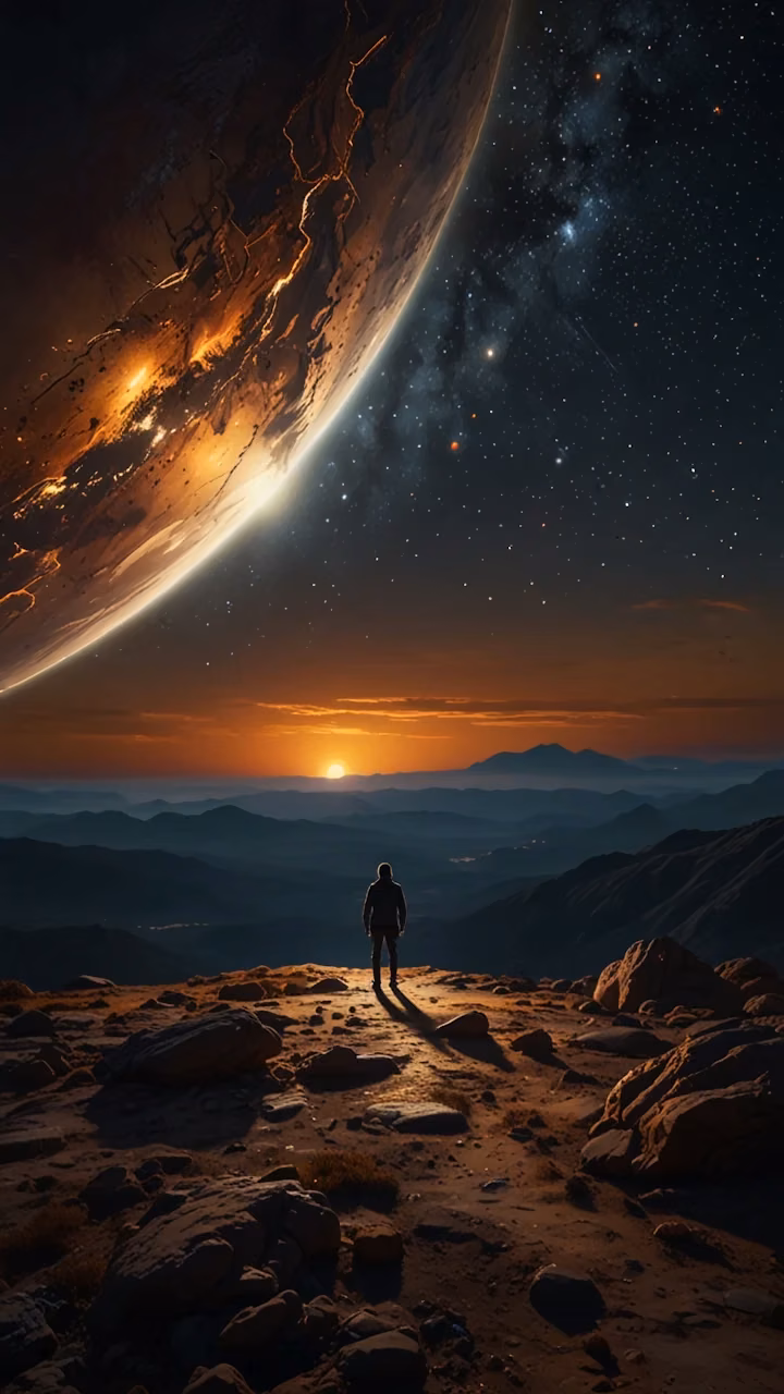 Lone figure stands on alien world beneath massive glowing planet - Free Mobile AMOLED Wallpaper Background