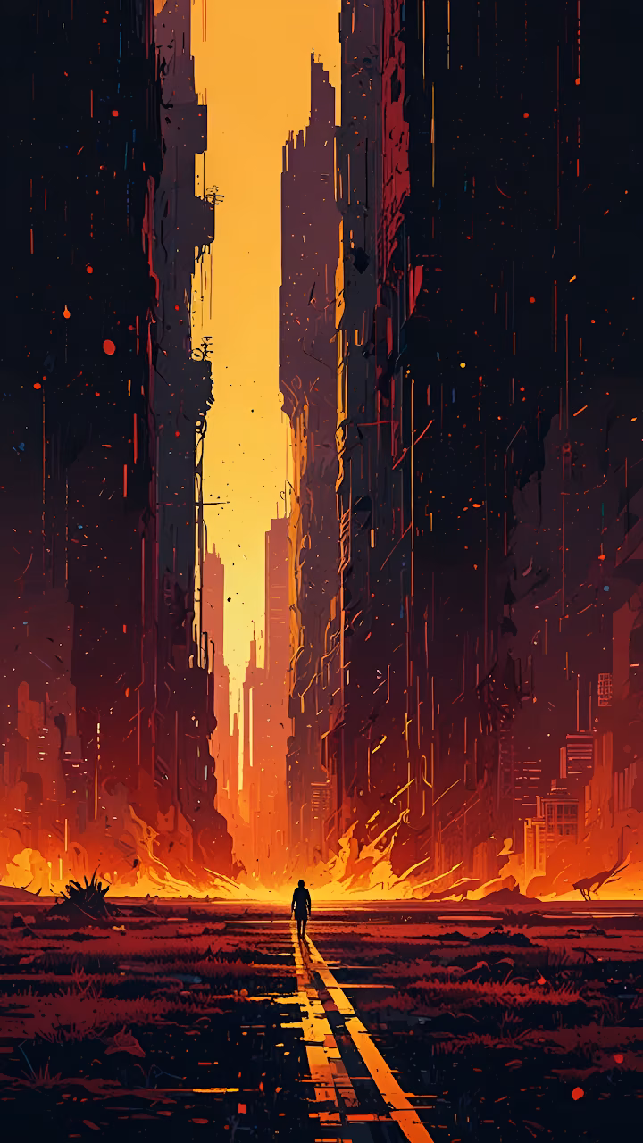 Download Lone Figure Walking Through Fiery Futuristic City Canyon Wallpaper in Mobile HD Lone Figure Walking Through Fiery Futuristic City Canyon - Free Mobile AMOLED Wallpaper Background