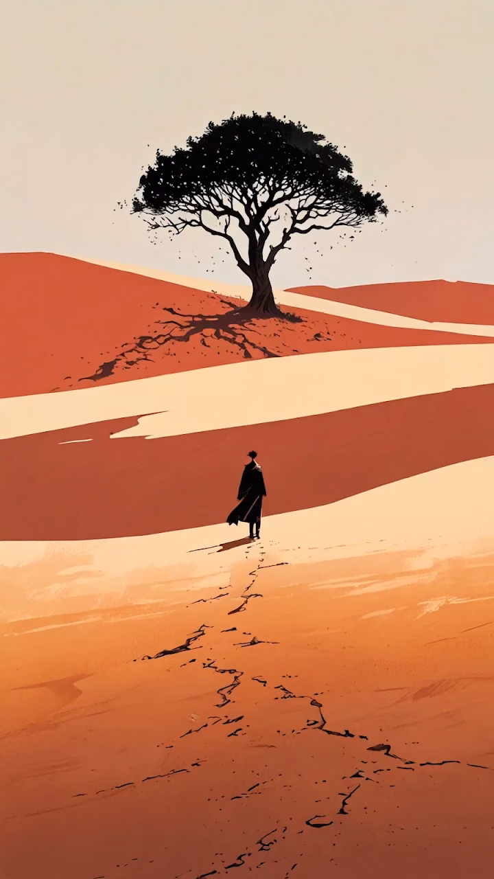 Lone Figure Walking Towards a Dark Tree in the Desert - Free Mobile AMOLED Wallpaper Background