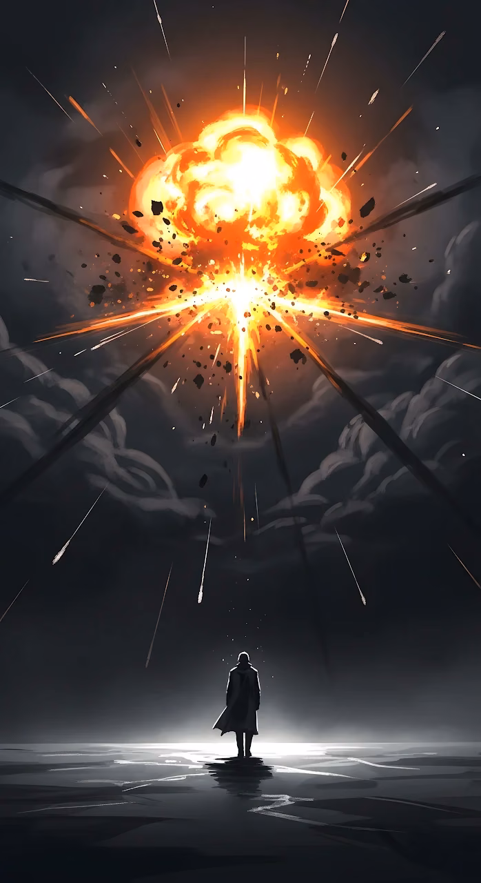 Lone Figure Witnessing Apocalyptic Sky Explosion Digital Art - Free Mobile AMOLED Wallpaper Background