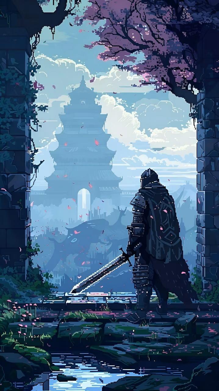 Lone Knight Gazing at Misty Pagoda City Pixel Art - Free Mobile AMOLED Wallpaper Background