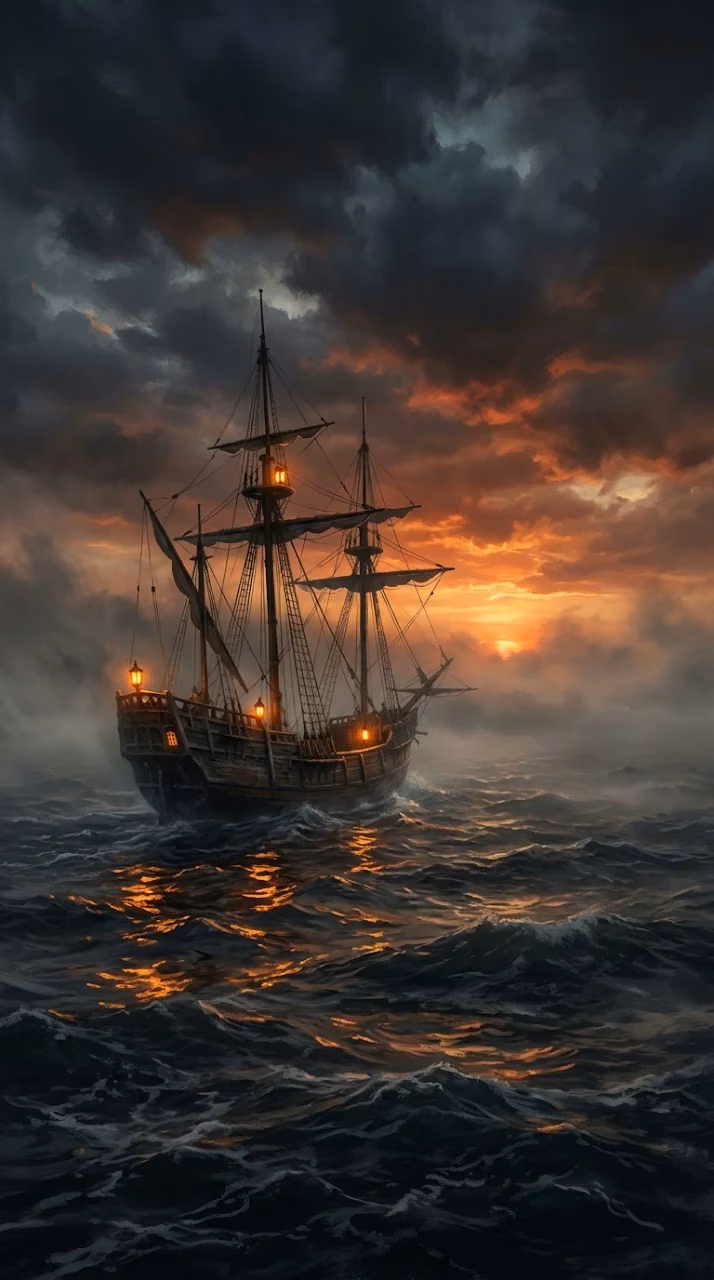Lone Sailing Ship on a Fog-Laden Sea at Sunset - Free Mobile AMOLED Wallpaper Background