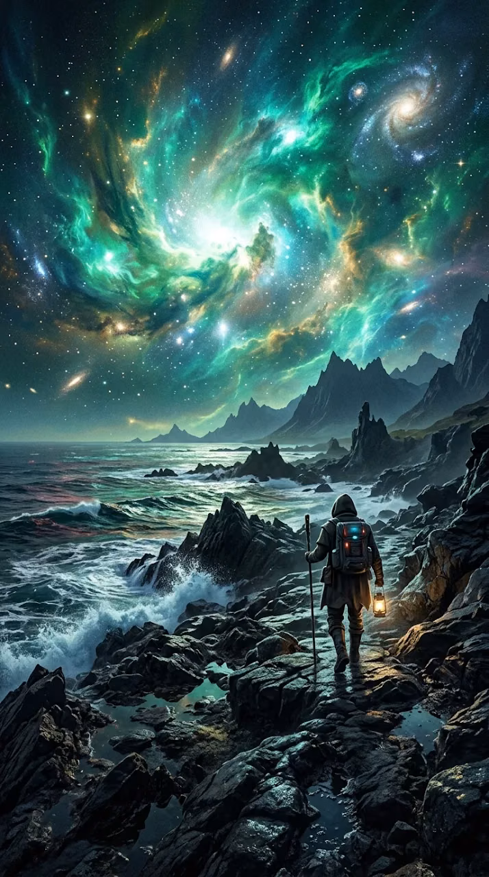 Download Lone Traveler on Alien Ocean Shore Under Swirling Cosmic Sky Wallpaper in Mobile HD Lone Traveler on Alien Ocean Shore Under Swirling Cosmic Sky - Free Mobile AMOLED Wallpaper Background