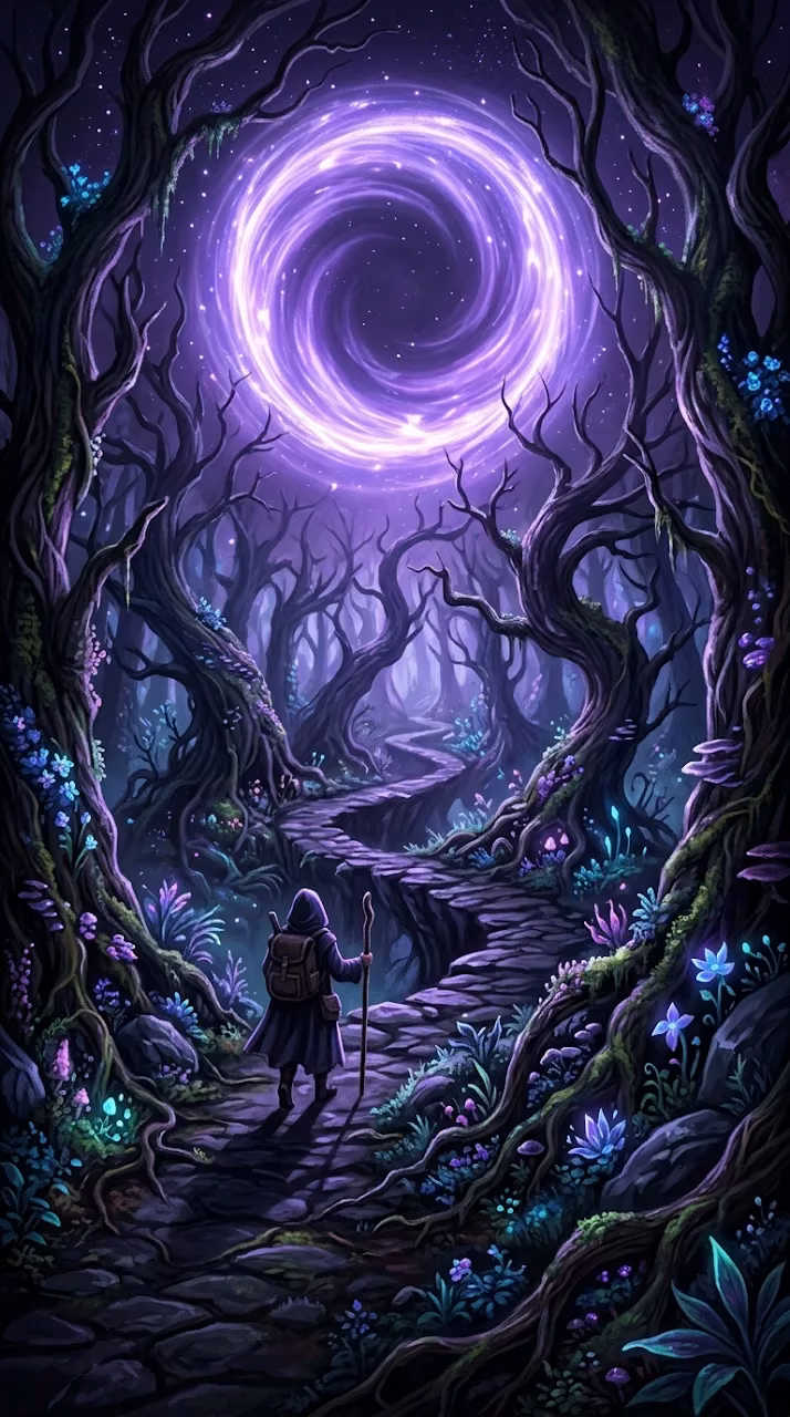 Lone Traveler Approaching Shimmering Violet Portal in Enchanted Woods - Free Mobile AMOLED Wallpaper Background