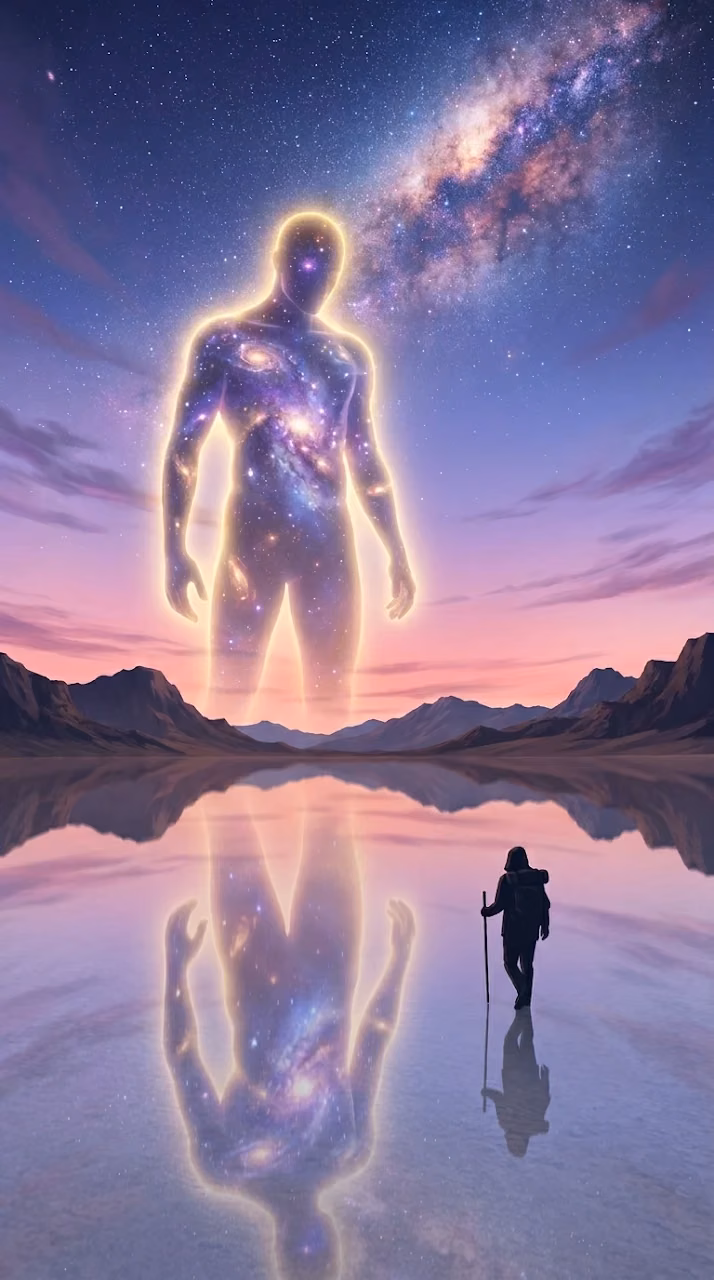 Download Lone Traveler on Mirrored Desert with Ethereal Cosmic Figure Wallpaper in Mobile HD Lone Traveler on Mirrored Desert with Ethereal Cosmic Figure - Free Mobile AMOLED Wallpaper Background