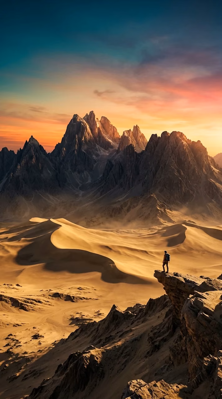 Download Lone Traveler in a Vast Desert with Jagged Mountains and Sunset Sky Wallpaper in Mobile HD Lone Traveler in a Vast Desert with Jagged Mountains and Sunset Sky - Free Mobile AMOLED Wallpaper Background