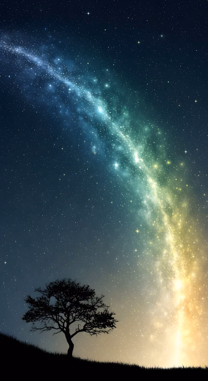Lone Tree Silhouette under Vibrant Gradient Milky Way - Free Mobile AMOLED Wallpaper Background