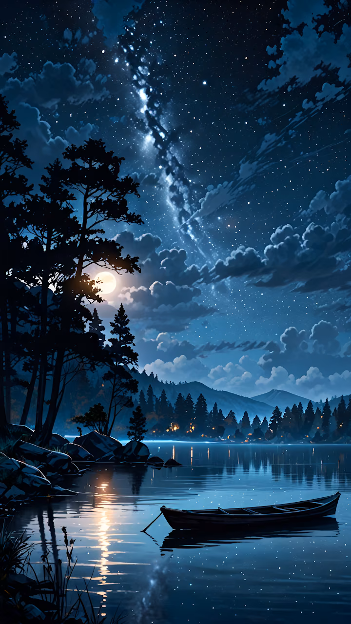 Lonely Boat on Lake Under Starry Night Sky - Free Mobile AMOLED Wallpaper Background