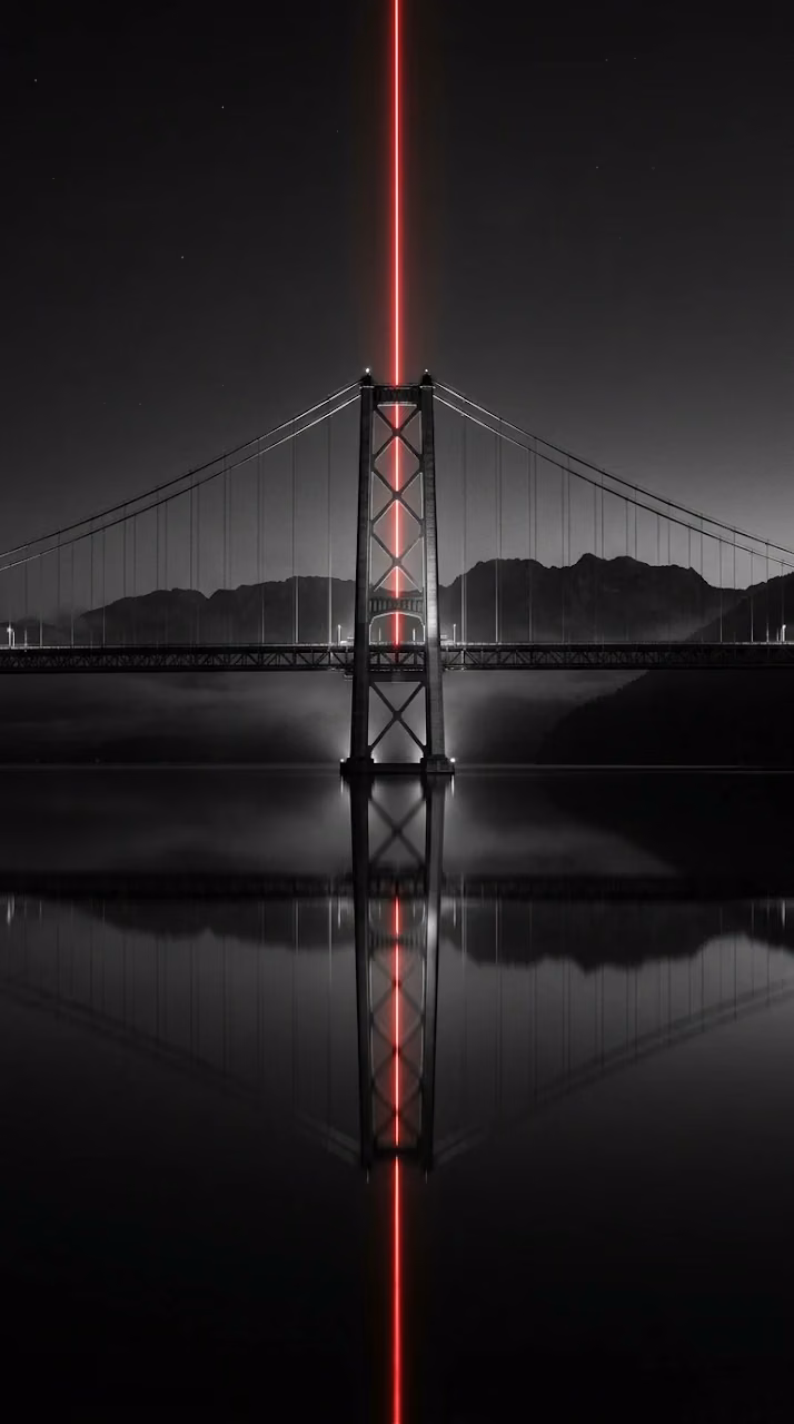 Long Exposure of a Bridge with a Sharp Red Light Beam and Water Reflection - Free Mobile AMOLED Wallpaper Background