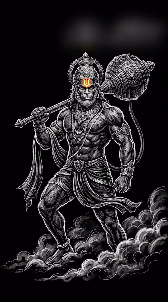 Lord Hanuman with Gada in Divine Monochrome Smoke - Free Mobile AMOLED Wallpaper Background