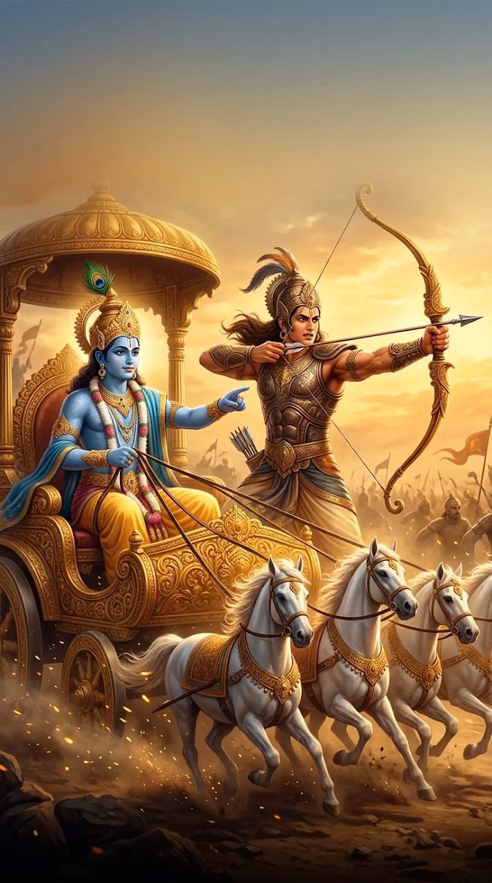 Download Lord Krishna and Arjuna on the Chariot in Kurukshetra Wallpaper in Mobile HD Lord Krishna and Arjuna on the Chariot in Kurukshetra - Free Mobile AMOLED Wallpaper Background