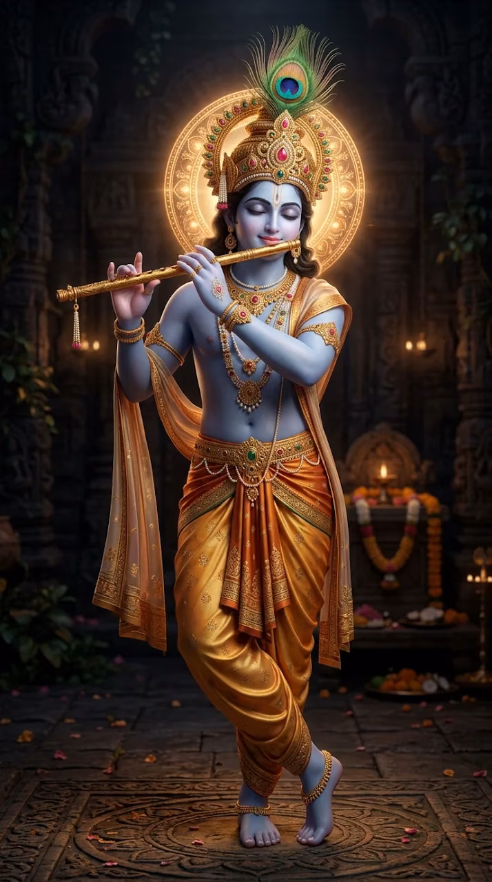 Lord Krishna Playing the Flute with a Halo and Peacock Feather - Free Mobile AMOLED Wallpaper Background