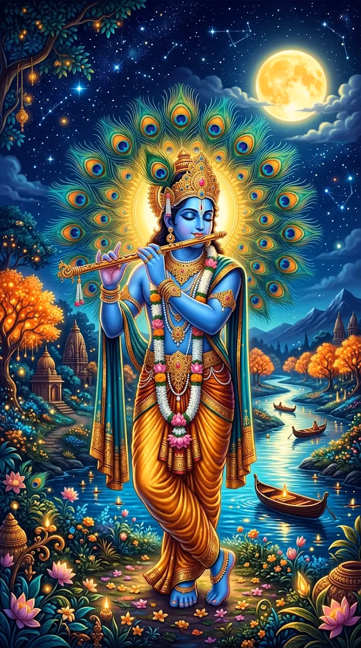 Lord Krishna Playing Flute with Peacock Feathers Under the Moon - Free Mobile AMOLED Wallpaper Background