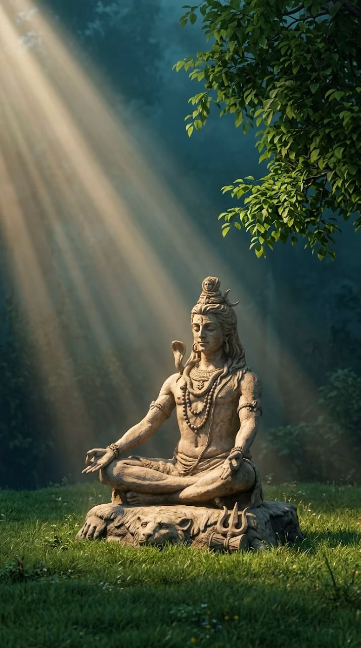 Download Lord Shiva Meditating Under Green Tree Canopy with Sunbeams Wallpaper in Mobile HD Lord Shiva Meditating Under Green Tree Canopy with Sunbeams - Free Mobile AMOLED Wallpaper Background
