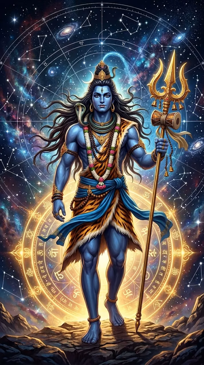 Lord Shiva Standing with Trident Against a Celestial Constellation Sky - Free Mobile AMOLED Wallpaper Background