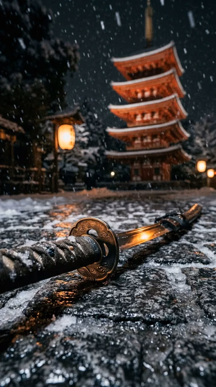 Low Angle Close-up of Katana in Snowy Japanese Temple Ground - Free Mobile AMOLED Wallpaper Background