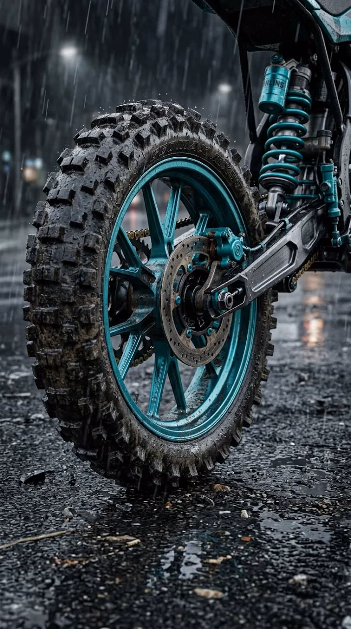 Download Low Angle Close-Up of Teal Custom Motorcycle Rear Wheel in Rain Wallpaper in Mobile HD Low Angle Close-Up of Teal Custom Motorcycle Rear Wheel in Rain - Free Mobile AMOLED Wallpaper Background