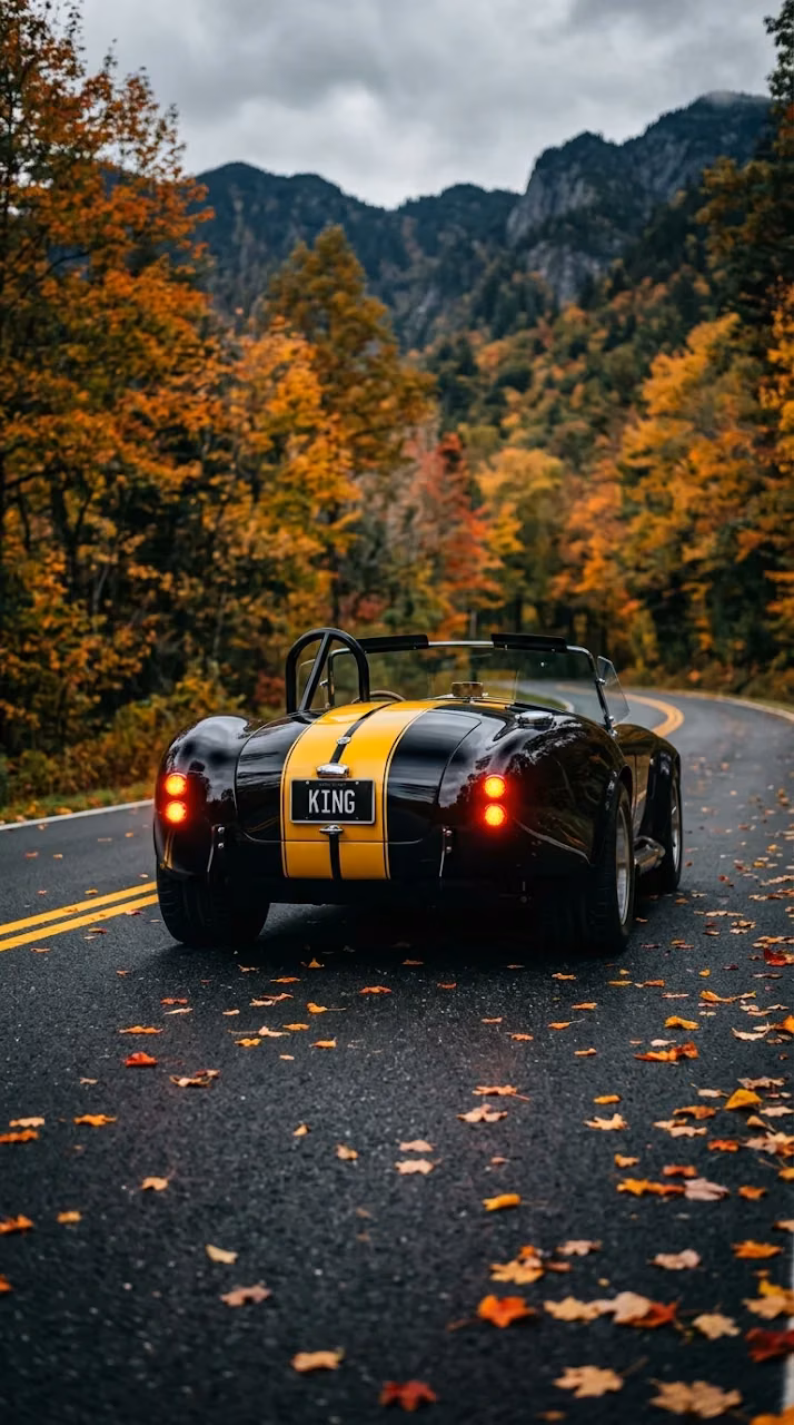 Download Low Angle Rear View of a Black Sports Car with Yellow Racing Stripes on an Autumn Road Wallpaper in Mobile HD Low Angle Rear View of a Black Sports Car with Yellow Racing Stripes on an Autumn Road - Free Mobile AMOLED Wallpaper Background