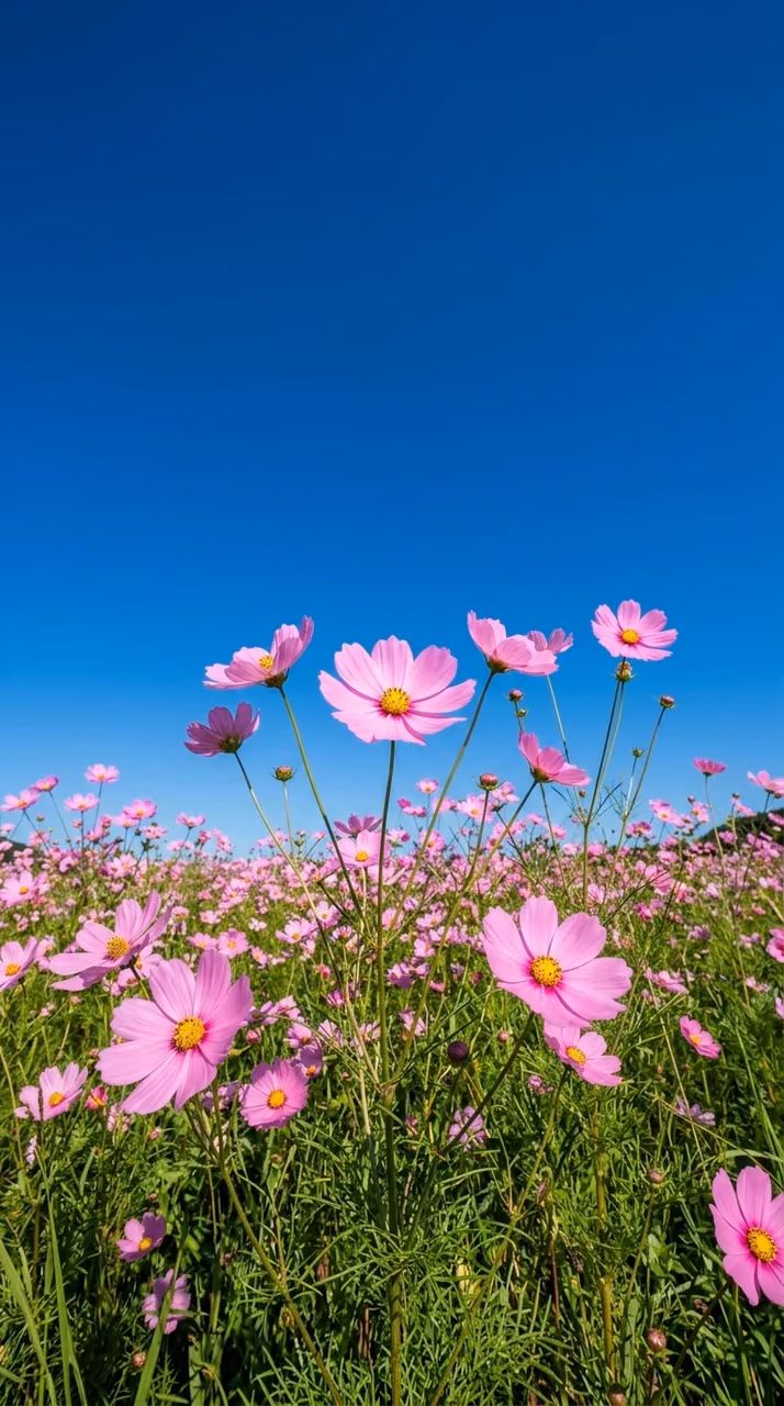 Low Angle View of Pink Cosmos Flowers Against a Clear Deep Blue Sky - Free Mobile AMOLED Wallpaper Background