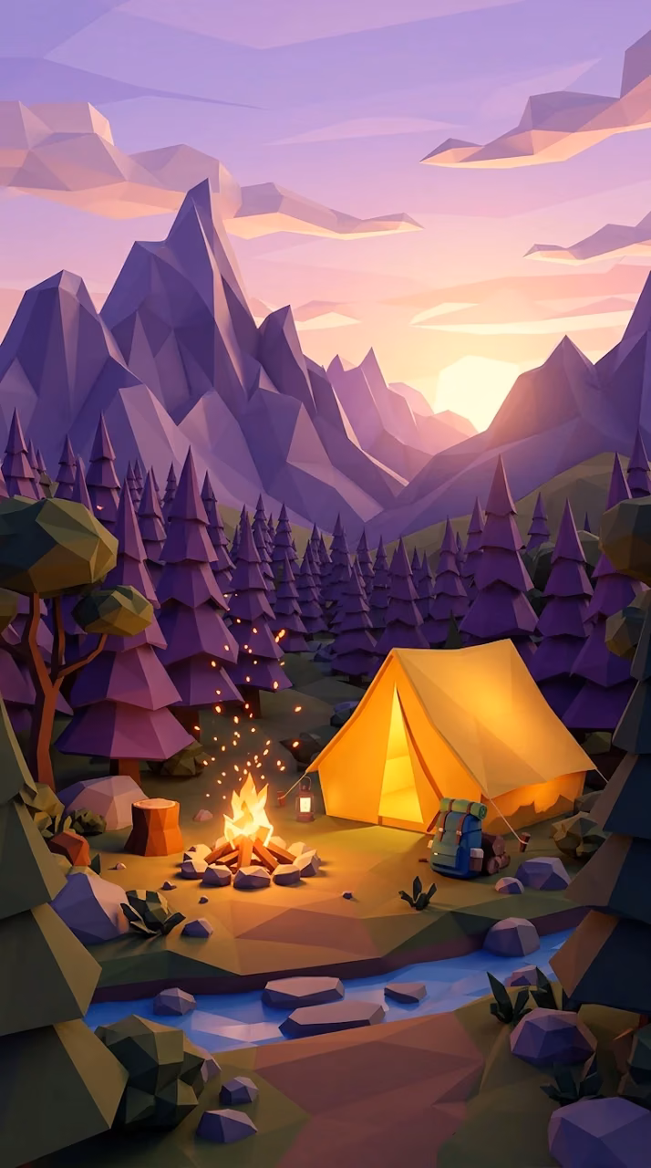Low Poly Camping Scene with Tent, Campfire, and Sunset Mountains - Free Mobile AMOLED Wallpaper Background