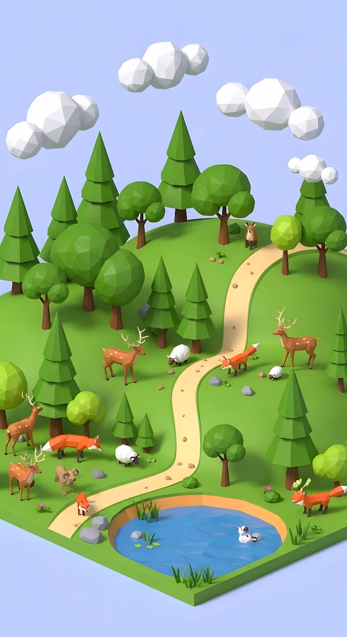 Low Poly Isometric Forest Scene with Cute Wildlife Animals - Free Mobile AMOLED Wallpaper Background