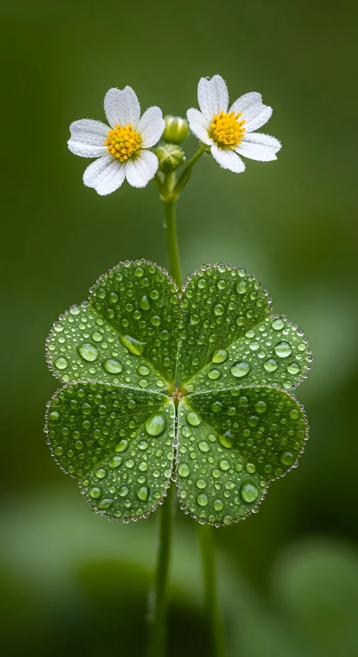 Lucky Four Leaf Clover with Dew Drops and White Flowers - Free Mobile AMOLED Wallpaper Background