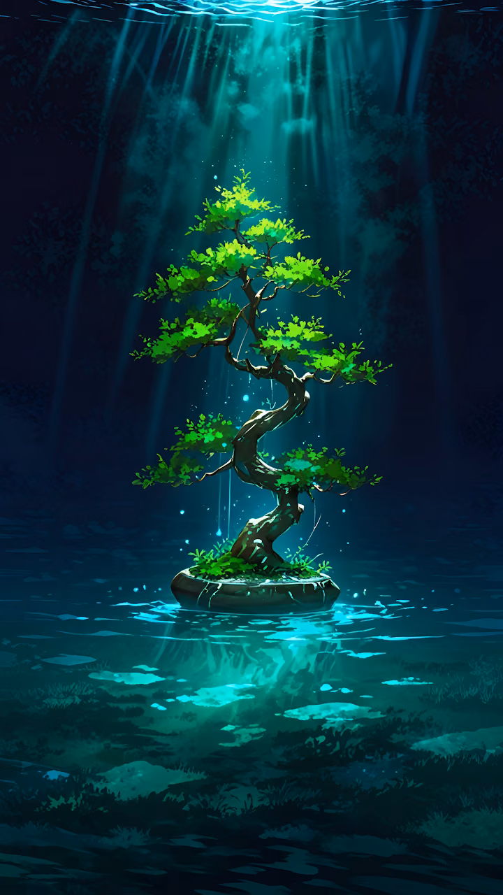 Download Luminous Bonsai Tree Floating on Water Under Sunbeams Wallpaper in Mobile HD Luminous Bonsai Tree Floating on Water Under Sunbeams - Free Mobile AMOLED Wallpaper Background