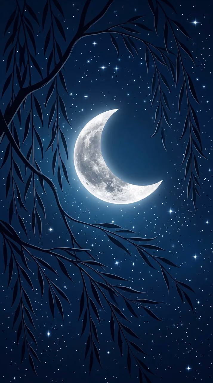Download Luminous Crescent Moon Framed by Willow Branches at Night Wallpaper in Mobile HD Luminous Crescent Moon Framed by Willow Branches at Night - Free Mobile AMOLED Wallpaper Background