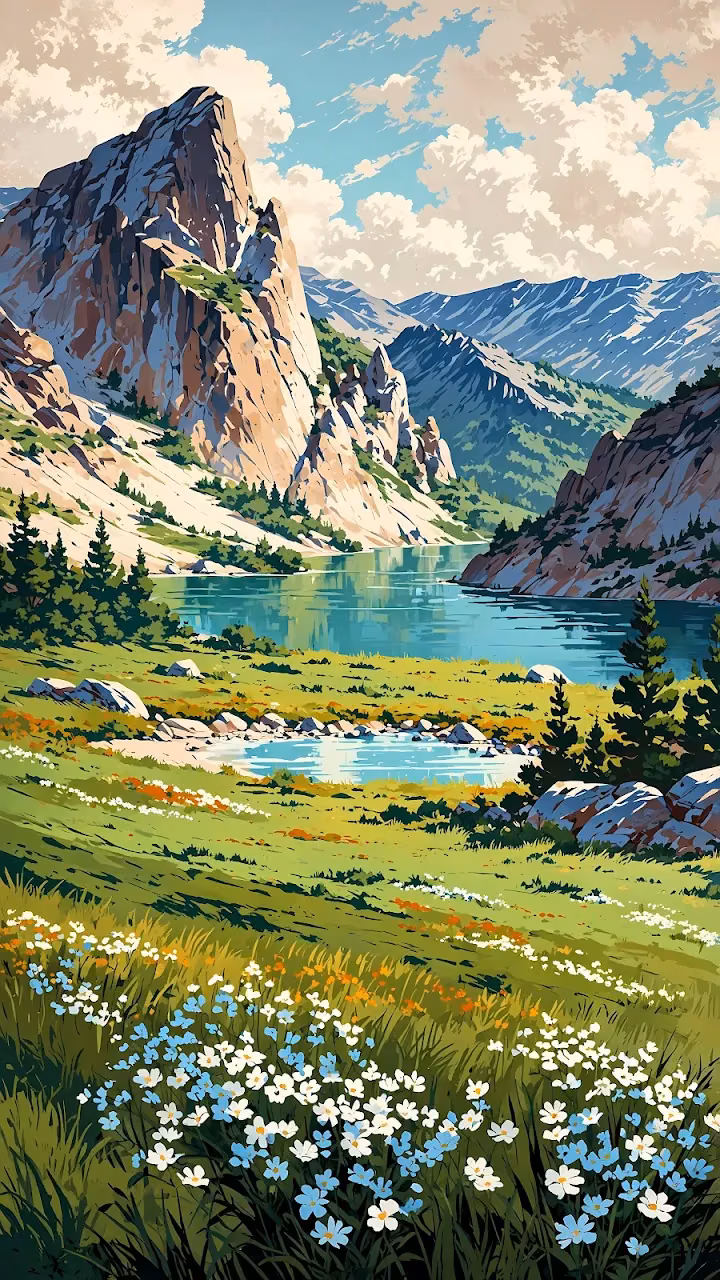 Lush Alpine Meadow with Flowers and Rocky Mountains - Free Mobile AMOLED Wallpaper Background