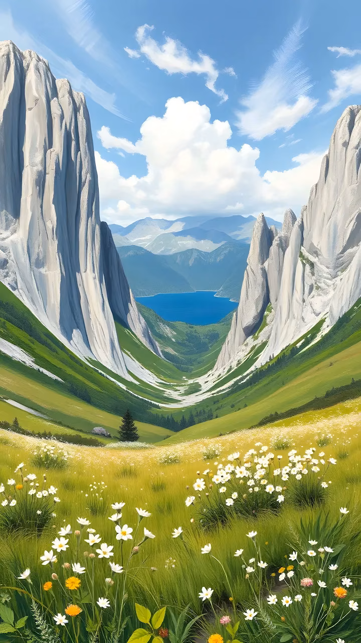 Lush Alpine Valley Meadow Lake Oil Painting Style - Free Mobile AMOLED Wallpaper Background