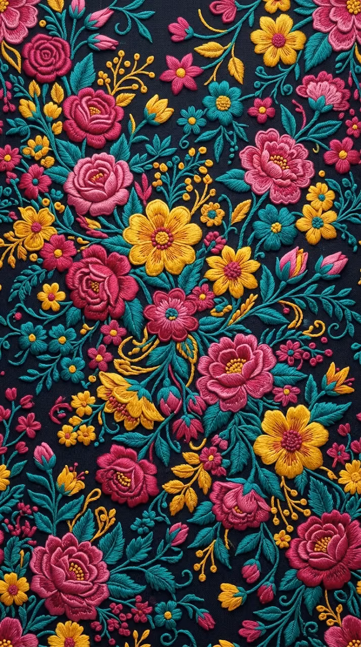 Download Lush Cascading Floral Motifs in Embroidery Art Style Wallpaper in Mobile HD Lush Cascading Floral Motifs in Embroidery Art Style - Free Mobile AMOLED Wallpaper Background