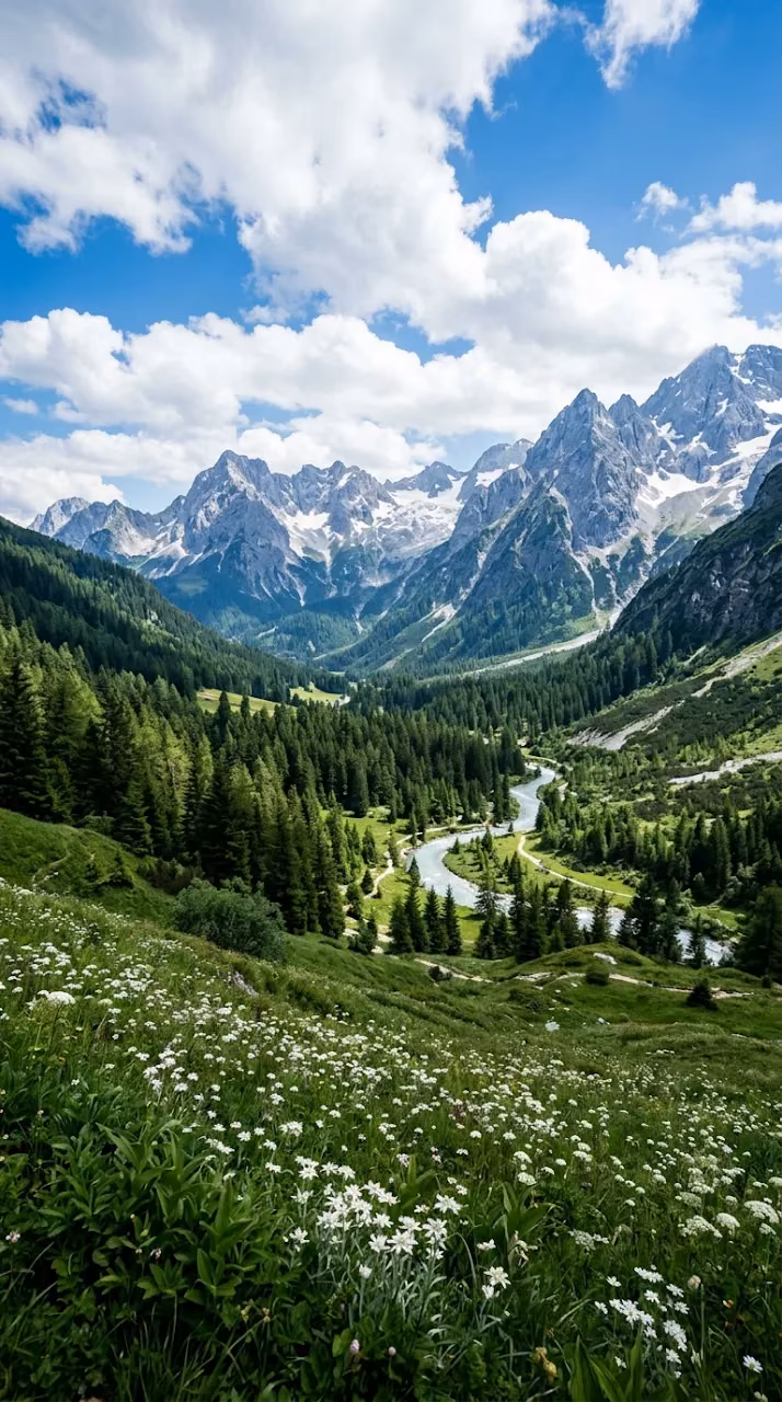 Lush Green Alpine Mountain Valley under Sky and Clouds - Free Mobile AMOLED Wallpaper Background